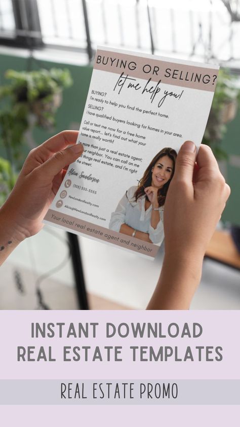 Pin shows a photo of a person holding a real estate flyer that reads, Buying or selling? Let me help you! Pin text reads, Instant download real estate templates - Real Estate Promo. When you click the pin it takes you to Real Estate Promo where you'll find this real estate farming flyer plus tons of other real estate Canva templates. Realtor Advertising, Real Estate Agent Flyer, Real Estate Instagram Posts, Real Estate Farming, Realtor Flyers, Promo Flyer, Advertising Flyers, Real Estate Postcards, Real Estate Advertising