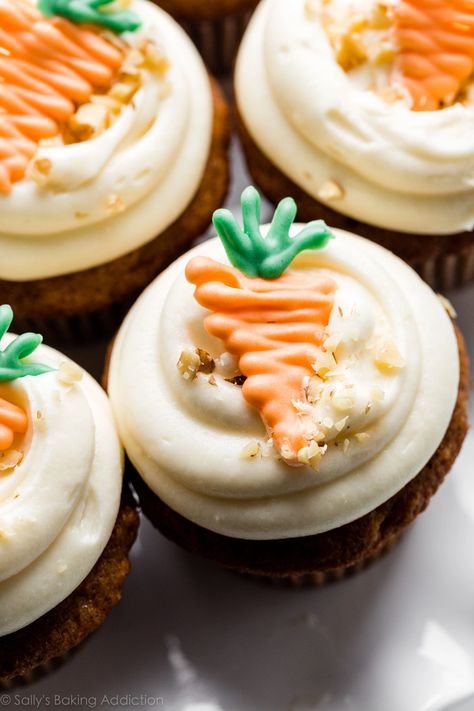 Carrot Cake Cupcakes Recipe + Video - Sally's Baking Addiction Carrot Cake Cupcakes Recipe, Carrot Cupcake Recipe, Easter Carrot Cake, Dairy Free Frosting, Carrot Cake Muffins, Carrot Cake Cupcakes, Carrot Cupcakes, Sally's Baking, Cupcake Flavors