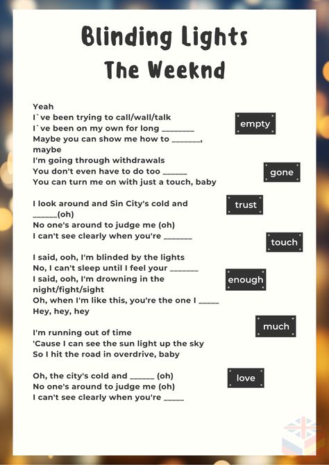 Popular song for your A2 level students Song Worksheet, Lit Songs, Blinding Lights, English Worksheets, The Weeknd, Turn Ons, Songs