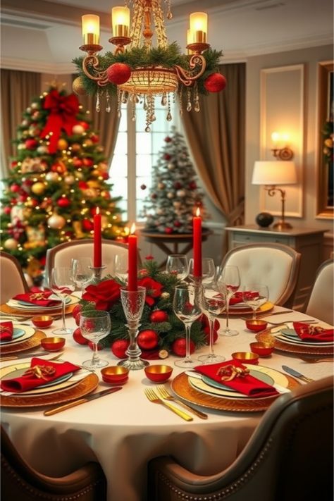 Christmas table setting ideas Large Christmas Table Centerpieces, Square Table Christmas Centerpiece, Cozy Christmas Dining Room, Christmas Setting Table, Red And Gold Christmas Table Setting, Christmas Centerpieces For Round Tables, Christmas Banquet Table Decorations, Red And Gold Christmas Table, Christmas Table Centerpieces Elegant