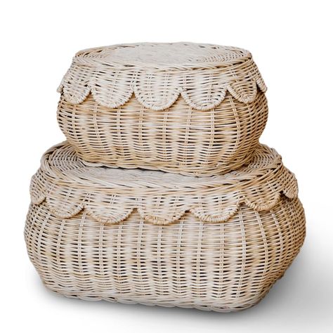 PRICES MAY VARY. Rattan JUST LANDED! Discover the woven basket with lid "Flora", the latest addition to Bebe Bask's collection: a brand-new rattan storage basket, designed with elegance and convenience in mind. [Please check size before ordering!] A STATEMENT PIECE - This beautiful nesting pair of rattan baskets will elevate any corner in the home. Nest the wicker basket set together or style them separately. Please check size before ordering: Large 15x10x6 in. Small 11x8x5 in. NATURAL ELEGANCE Scallop Basket, Scalloped Basket, Round Wicker Basket, Wicker Basket With Lid, Nursery Storage Baskets, Doll Storage, Nursery Baskets, Storage Baskets With Lids, Wicker Storage