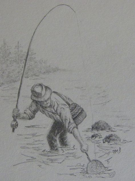 Love this! Fishing Drawings Easy, Fly Fishing Drawing, Fishing Drawing Ideas, Fisherman Drawing Sketch, Fishing Sketch Drawing, Fishing Sketch, Fishing Scenery Drawing, Flyfishing Art, Fishing Drawing