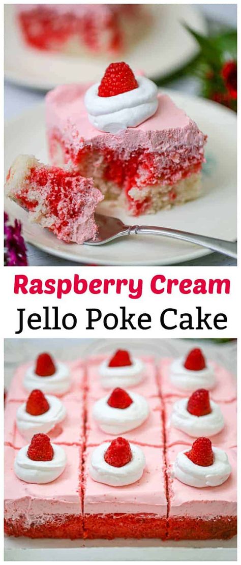 Raspberry Cream Jello Poke Cake is super moist, fruity and luscious-amazing!  We can't stop obsessing how yummy and beautiful it looks with the raspberry jello drizzles inside of the cake. Voila...dreamy Poke Cake exploding with raspberry flavor!  Made with a super easy scratch white cake made with pantry staple ingredients, jello, jello mousse, whipped cream and raspberries, this dessert is perfect to bring to family gatherings, holidays, parties and more. #jello #raspberry #pokecake Jello Mousse, Easy Poke Cake, Cream Jello, Jello Poke Cake, Raspberry Jello, Poke Cake Jello, Retro Desserts, Jello Cake, Raspberry Cream