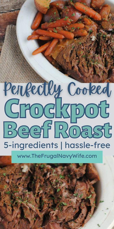 This crock pot beef roast features tender and juicy beef, accompanied by potatoes, carrots resulting in a mouthwatering roast. #beefroast #crockpot #easyrecipes #dinner #frugalnavywife #weeknightmeals | Dinner Recipes | Beef | Crockpot Recipes | Easy Meals | Weeknight Meals | Beef Tips Roast Crock Pot Recipes, Beef Roast And Potatoes In Crockpot, Beef Toast In Crock Pot, Crock Pot Beef Roasts, Crockpot Beef Arm Roast Recipes, Toast Beef Crock Pot, Easy Beef Pot Roast Crock Pot, Beef Roast In Crock Pot Recipes, Beef Roast In Crockpot Easy