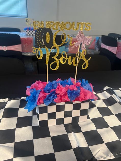 Burnouts Or Bows Gender Reveal Centerpieces, Gender Reveal Centerpiece Ideas, Car Burnout Gender Reveal, Burn Outs And Bows Gender Reveal, Gender Reveal Cake Burnouts Or Bows, Burn Outs Or Bows Gender Reveal, Gender Reveal Burnouts Or Bows, Burnout Gender Reveal, Gender Reveal Centerpieces