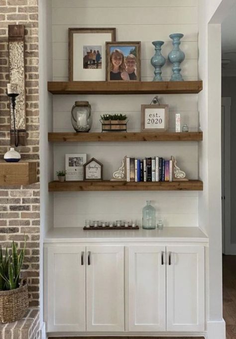 Shelfs On Side Of Fireplace, Living Room Shelves Decor Around Tv, Wall Cubby Decor Built Ins, Rustic Built In Shelves, Brick Fireplace With Built Ins On Both Sides, Fireplace With Shelves On One Side, Built In Shelving Around Fireplace, Shelves On Side Of Fireplace, Living Room Built Ins Decor