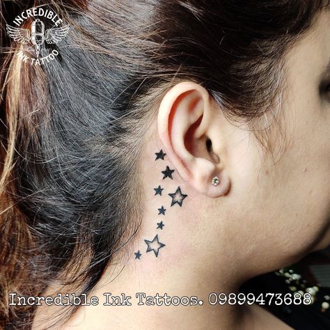 Stars On Neck Tattoo For Women, Tattoos Of Stars For Women, Neck Star Tattoos Women, Star Neck Tattoos For Women, Behind The Ear Star Tattoo Ideas, Behind The Ear Star Tattoo, Star Tattoo Behind The Ear, Stars Tattoo Behind Ear, Stars On Neck Tattoo