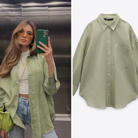 New With Tags Zara Green Flowy Linen Shirt,Size Medium Green Linen Blouse Outfit, Light Green Button Up Outfit, Green Linen Shirt Outfit Women, Light Green Blouse Outfit, Green Silk Shirt Outfit, Light Green Top Outfit, Light Green Shirt Outfit, Zara Shirt Outfit, Green Button Down Shirt Outfit