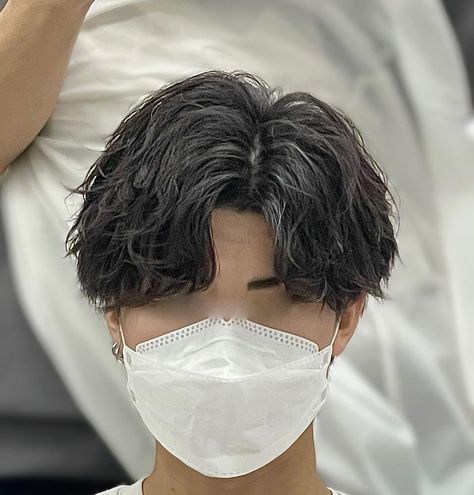 Korean Wavy Perm Men Middle Part, Two Block Middle Part Haircut Men, Korean Men Hairstyle Medium Long Hair, Korean Perm Men Middle Part, Men’s Korean Perm, Japanese Perm Men, Middle Part Perm, Perm Reference, Wavy Short Hair Men