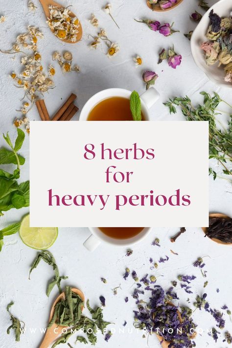 In this post you’ll learn about herbs for heavy periods and remedies for PMS relief during the luteal phase or pain with endometriosis! Herbal remedies are one way to have a better period, reduce PMS, and support a healthy menstrual cycle naturally. Find more period hacks and natural relief for heavy periods at composednutrition.com. Natural Remedies For Menstrual Cycle, Natural Period Relief, Natural Remedies For Heavy Periods, Herbs For Heavy Periods, Painful Periods Remedies, Herbs For Menstrual Cycle, Heavy Period Remedies, Teas For Menstrual Cycle, Tea For Periods