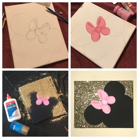 DIY Minnie Mouse painting done with acrylic paint and gold glitter ✨ Minnie Mouse Bedroom Ideas Toddler, Minnie Mouse Gift Ideas, Minnie Mouse Toddler Room, Minnie Mouse Room Decor Diy, Minnie Mouse Crafts, Mickey Mouse Painting Ideas, Minnie Mouse Girls Room, Minnie Mouse Room Ideas Toddler, Easy Minnie Mouse Painting