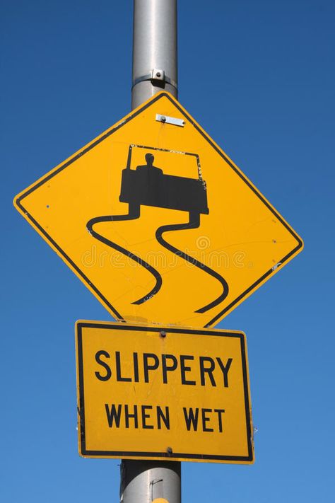 Slippery when wet. Written on a yellow road sign in new york #Sponsored , #affiliate, #AFFILIATE, #wet, #sign, #york, #Written Wet Floor Sign Aesthetic, Painted Wet Floor Sign Ideas, Wet Floor Sign, Slippery Road Sign, Yellow Road Signs, Slow Down Signs Roads, Funny Street Signs, Slippery When Wet, Road Signs