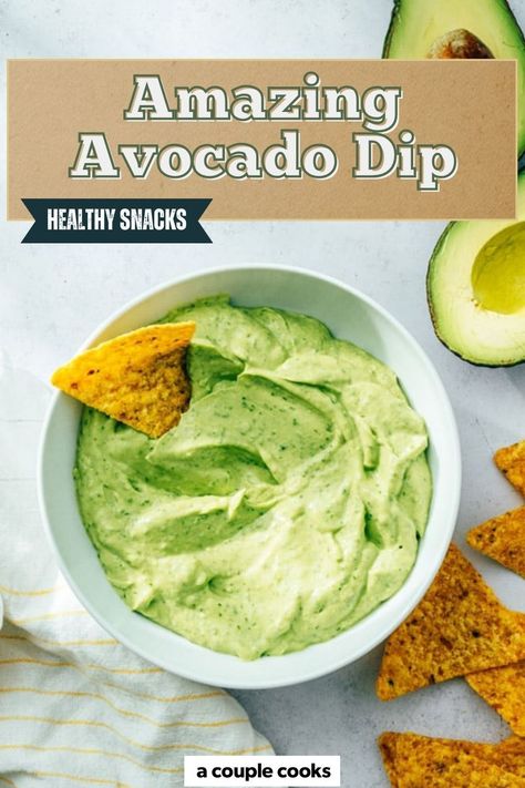 This creamy avocado dip recipe is a tasty alternative to guacamole! It’s quick to whip up and magically stays green for days. Mashed Avocado Recipes, Creamy Avocado Dip, Mediterranean Diet Snacks, Avocado Dip Recipe, Best Fish Recipes, Dip Recipes Appetizers, Winter Salad Recipes, A Couple Cooks, Baked Avocado