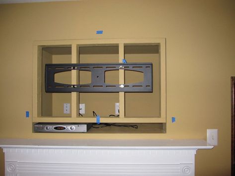 How To Close A Tv Niche, Recessed Wall Mounted Tv Ideas, Tv Box Design Wall Mount, Tv Hole In Wall Cover Up, Tv Recessed In Wall, Wall Cutout Ideas, Tv Niche Makeover, Niche Makeover, Tv Niche Ideas