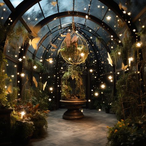 Celestial Academia Aesthetic, Celestial Office Aesthetic, Celestial Interior Design, Celestial Interior, Celestial Office, Witchy Office, Greenhouse Room, Celestial Garden, Dark Academia Interior