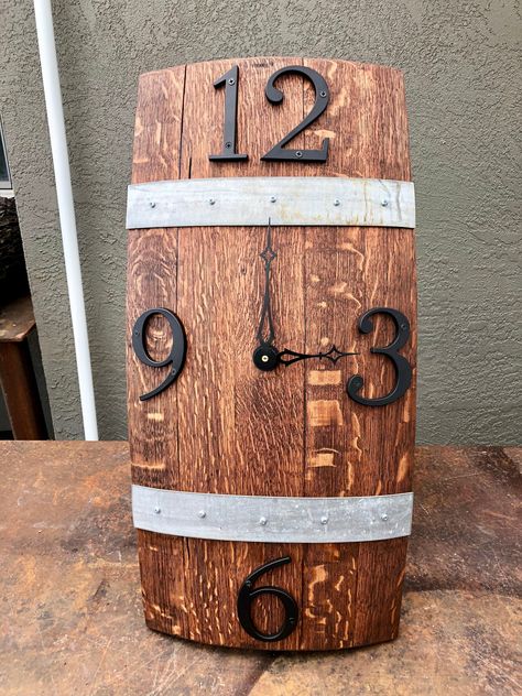 Re-Purposed Wine Barrel Stave Wall Clock by McCutchwoodworks on Etsy Wood Barrel Ideas, Wine Barrel Ideas, Wine Barrel Clock, Barrel Stave Wall, Whiskey Barrel Decor, Wine Barrel Art, Wine Barrel Chairs, Barrel Art, Wine Barrel Crafts