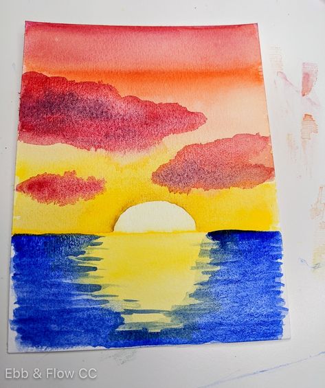 Sunset Over Water Painting, Water Painting Easy, Painting Easy Watercolor, Easy Watercolor Tutorial, Sunset Over Water, Paint With Watercolors, Abstract Art Photography, Photography Sketchbook, Sunset Watercolor