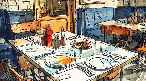 Old Hergé Drawing of Dirty Dishes in Restaurant Restaurant Scene Drawing, Restaurant Drawing, Inspirational Digital Art, Photography Movies, Scene Drawing, Dirty Dishes, Square Table, Food Drawing, Art References