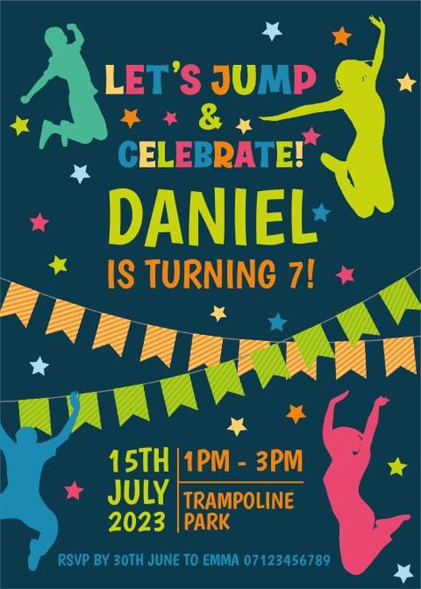 Let's Jump!-Birthday party invitation. This is a digital template which means you can easily edit the text yourself and get your invitations printed anywhere, even at home! Includes a free mobile invitation template too. Trampoline Park Birthday Party, Jump Birthday Party, Trampoline Birthday Invitations, Jump Party Invitations, Trampoline Birthday Party, Park Birthday Party, Trampoline Party, Jump Party, Park Birthday