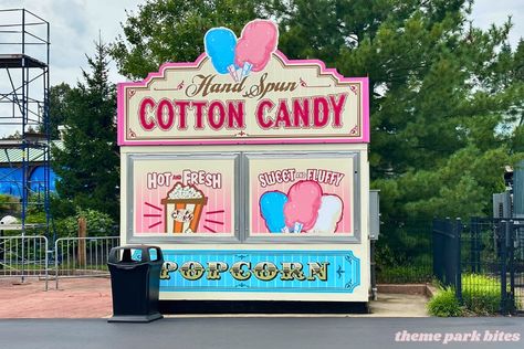 Personally cotton candy is one of those quintessential items you buy at a carnival or a festival or yep, at a theme park. There's a moving stand - Hand Spun Smoothie Trailer, Six Flags New England, Popcorn Theme, Concession Trailer, Candy Theme, Kiosk Design, Six Flags, Sweet Candy, Kiosk