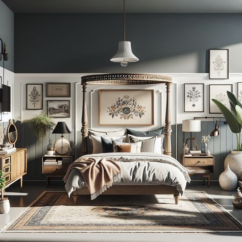 The room should highlight old-time charm with key vintage pieces like an antique throw rug, a canopy bed with carved wooden posts, and a mid-century vanity. The walls bear a subdued palette, possibly a warm grey or muted blue, contrasting with white trimmings. Elements of indoor greenery add a touch of freshness and tie the room together. A cluster of eclectic throw pillows could grace the bed, enhancing the inviting appeal of the room. Modern Vintage Bedroom, Vintage Bedroom Design, Modern Vintage Bedrooms, Transitional Bedroom, Vintage Bedroom, Canopy Bed, Bedroom Design Ideas, Decorative Elements, Classic Elegance