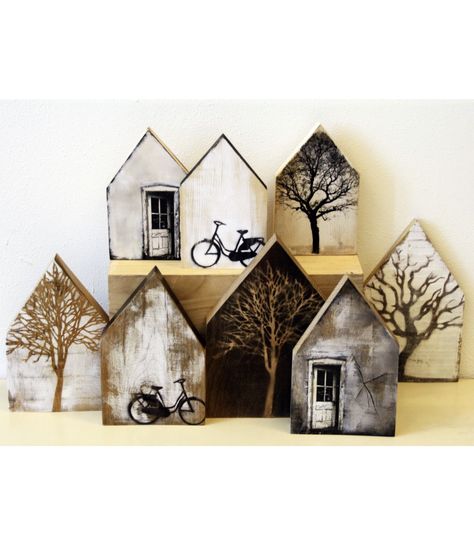 Wood Block Village, Tiny Wood Houses Crafts, Halloween Wood House Craft, Small Wood Houses Craft, Wood Houses Decor, Abandonment Photography, Wooden Houses Craft, Painted Wooden Houses, Wood Block Houses