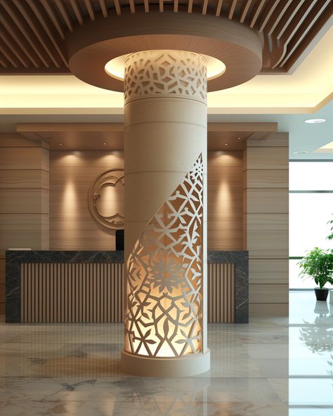 a geometric decorative round column with arabic islamic elements in a company reception --v 6 Islamic Reception Design, Islamic Column Design, Round Column Design Interior, Pillar Design Interior Columns, Circular Column Design, Modern Columns Interior, Islamic Columns, Round Pillar Design Interior, Column Design Interior Modern