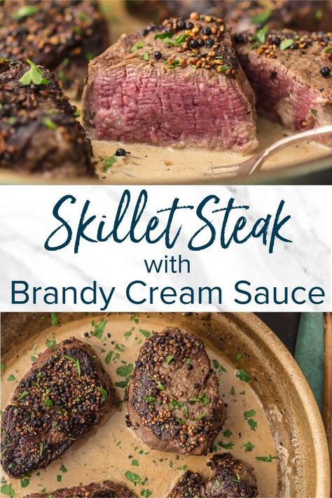 Steak cooked in a skillet with a spicy peppercorn crust is the best ever! Topped with a Brandy Cream Sauce, you'll have restaurant-quality steak at home. This skillet steak recipe is great for a romantic evening in. #sponsored #skilletsteak #creamsauce #steakrecipe #peppercorncrust #filetmignon #datenightrecipe Peppercorn Steak, Brandy Cream Sauce, Steak At Home, Steak Sauce Recipes, Skillet Steak, Steak Recipe, Steak Sauce, Grilled Steak, Steak Dinner