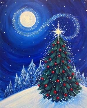 Painting Christmas Pictures On Canvas, Folkart Christmas Painting, Toddler Christmas Painting Canvas, Christmas Paintings Ideas On Canvas, Christmas Tree Painting Tutorial, Painting Inspo Christmas, Christmas Art Inspiration, Holiday Paint Party Ideas, Family Tree Canvas Painting Diy