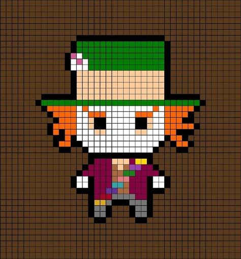 Pixel Art Templates Disney, Mad Hatter Perler Beads, Alice In Wonderland Pixel Art Grid, Alice In Wonderland Hama Beads, Alice In Wonderland Perler Bead Patterns, Disney Melty Beads, Pixel Art Pattern Disney, Alice In Wonderland Pixel Art, Pixel Art Disney Stitch