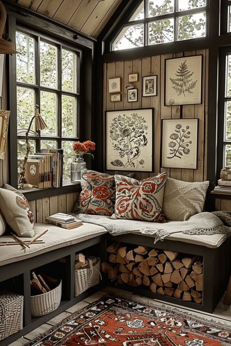 Cozy rustic living room with wood stove, built-in log storage, and botanical wall art. Log Burner Ideas, Wooden Bungalow, Cozy Rustic Living Room, Wood Fired Oven Recipes, Camp Store, Blue Velvet Armchair, Autumn Core, Log Storage, Wood Fired Cooking