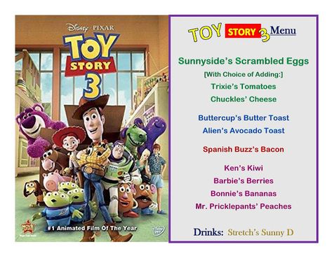 Toy Story Dinner, Movie Night Disney, Disney Cookbook, Disney Meals, Disney Movie Night Menu, Theme Dinners, Movie Recipes, Disney Themed Movie Night, Disney Movie Night Food