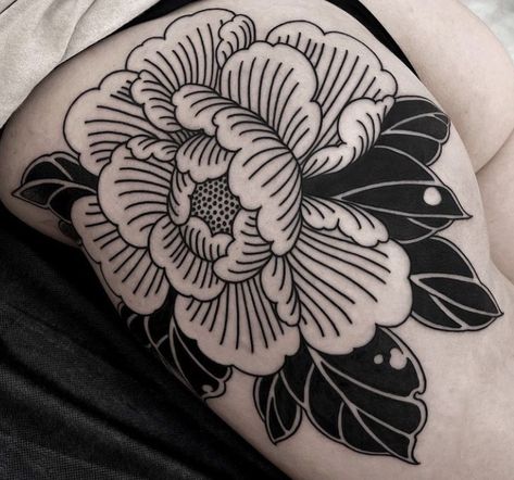 Peonies Tattoo Black And White, Traditional Floral Tattoo Black, Neo Traditional Peony Tattoo Black, Bold Peony Tattoo, Blackwork Lotus Tattoo, Heavy Black Tattoo Cover Up, Peony Leg Sleeve Tattoo, Neo Traditional Tattoos Flower Black, Neotraditional Flower Tattoo Black