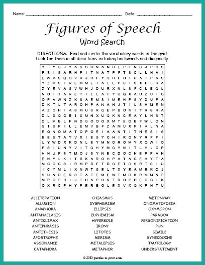 Free Printable Figures of Speech Word Search Shakespeare Words, Word Search Printables, Substitute Teaching, Road Trip Games, Word Search Puzzles, Speech Activities, Word Find, Word Puzzles, Classroom Fun