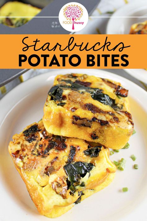 Starbucks new Potato Cheddar Chive Bakes are a new menu item that you can now make at home any time! Filled with sautéed red potatoes, onions and spinach layered with cheese and light, fluffy eggs - these bites are a perfect breakfast snack! Potato Bites Recipe, Egg Bites Recipe, Copycat Starbucks, Potatoes Onions, Fluffy Eggs, Healthy Starbucks, Copycat Starbucks Recipes, Potato Bites, Egg Bites