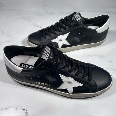 Golden Goose Superstar Classic Leather Upper Shiny Star Black White Sneakers Nwt Msrp $650 Mens Size: 43 (Us Size: 10) Brand New Never Worn With Shoe Box, No Dust Bag Or Passport Accepting Offers Black Glitter Heels, Shoes Golden Goose, Black White Sneakers, Brown Leather Sneakers, Black High Top Sneakers, Golden Goose Superstar, White Sneakers Men, Black Leather Sneakers, Star Black