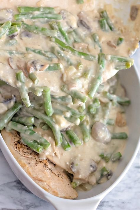 baked chicken topped with green beans and mushrooms in a cream sauce Green Beans And Mushrooms, Green Beans Mushrooms, Chicken Stuffing Casserole, Chicken Stuffing, French Green Beans, Casserole Chicken, Chicken Green Beans, Stuffing Casserole, Green Beans And Potatoes