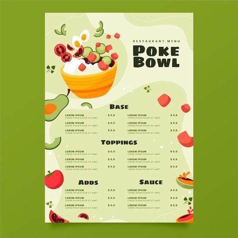 Poke Bowl Menu, Indian Food Menu, Poke Recipe, Cafe Menu Design, Poke Bowls, Food Menu Design, Presentation Cards, Poke Bowl, Cafe Menu