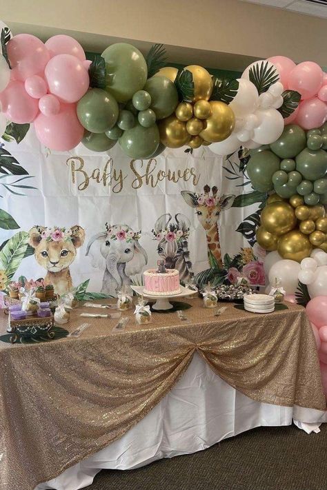 Pink Safari Baby Shower Theme, Baby Shower Jungle Theme Girl, Boho Animal Baby Shower Ideas, Jungle Theme Baby Shower Ideas Girl, Baby Girl Jungle Nursery, Baby Girl Safari Baby Shower Theme, Safari Theme Baby Shower Ideas Girl, Girl Jungle Baby Shower Theme, Baby Animals Baby Shower Theme