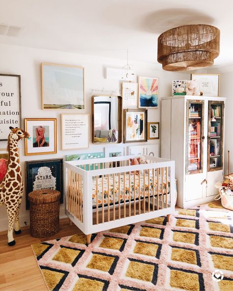 baby girl nursery or little girl room whimsical and eclectic inspiration Bohemian Bedroom Lighting, Nursery Ideas Eclectic, Maximalism Nursery, Boho Colorful Nursery, Eclectic Girl Nursery, Boho Eclectic Nursery, Eclectic Nursery Gender Neutral, Eclectic Toddler Girl Room, Eclectic Toddler Room