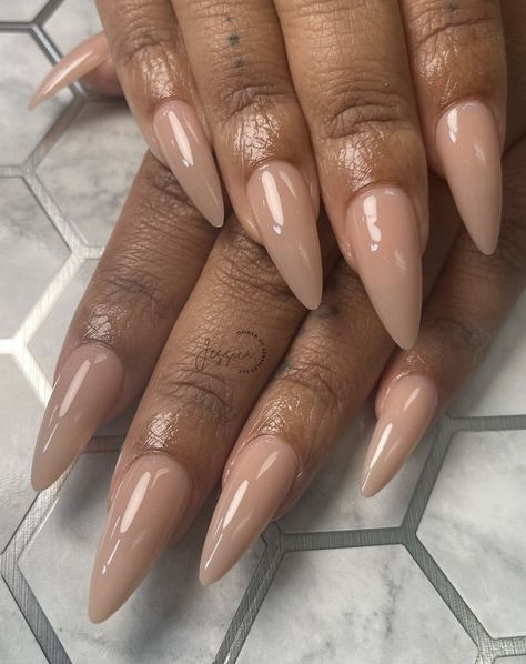 Tapered Almond Acrylic Nails, End Of Summer Almond Nails, Natural Stilletos Nails, Pointed Almond Acrylic Nails, Basic Stiletto Nails, Long Almond Nails Designs Fall, Beige Fall Nails, Ethereal Nail Design, Taupe Almond Nails