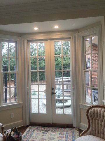 Narrow French Doors To Deck, Bay Windows With French Doors, Small Exterior French Doors, Bay Window To French Doors, French Doors In Bay Window, Bay Window French Doors, Bay Window Into French Doors, French Doors Bay Window, Bow Window Ideas Exterior