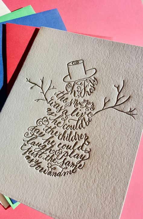 Frosty the Snowman Christmas Card Letterpress Snowman Card Calligraphy Holiday Cards, Calligraphy Christmas Cards, Letterpress Holiday Cards, Letterpress Christmas Cards, Letterpress Christmas, Cat Christmas Cards, Snowman Christmas Cards, Christmas Calligraphy, Happy Holiday Cards