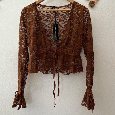 Dollskill Brown Lace Tie Front Top Size Xl But Fits More Like L Has Some Stretch Lace Tie Front Top, Sparkly Halter Top, Satin Corset Top, Sheer Floral Top, Flared Sleeves Top, Puff Sleeve Crop Top, Lace Tie, Tie Front Top, Victorian Lace