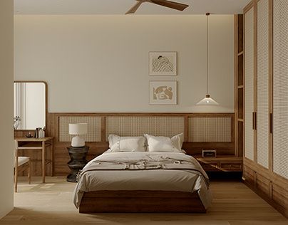 Japandi apartment #3 :: Behance Japandi Guest Bedroom Ideas, Japandi Style Bedroom Design, Japandi Theme Bedroom, Gold And Wood Bedroom, Bed Back Design Simple, Bed Japandi, Modern Japandi Bedroom, Japandi Small Bedroom, Bedroom Design Japandi