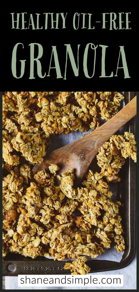 The best Healthy No Oil Granola recipe! It's easy to make, sweetened with maple syrup, crunchy, and delicious. A great anytime snack or breakfast. #WFPBrecipe #VeganRecipe #plantbased #healthymeals #withoutoil #easyrecipe #cleaneating Granola Recipe Without Coconut Oil, Oil Free Granola, Vegan Granola Recipe, Low Sugar Granola, Granola Ingredients, Healthy Oil, Easy Granola, Vegan Granola, Wfpb Recipes