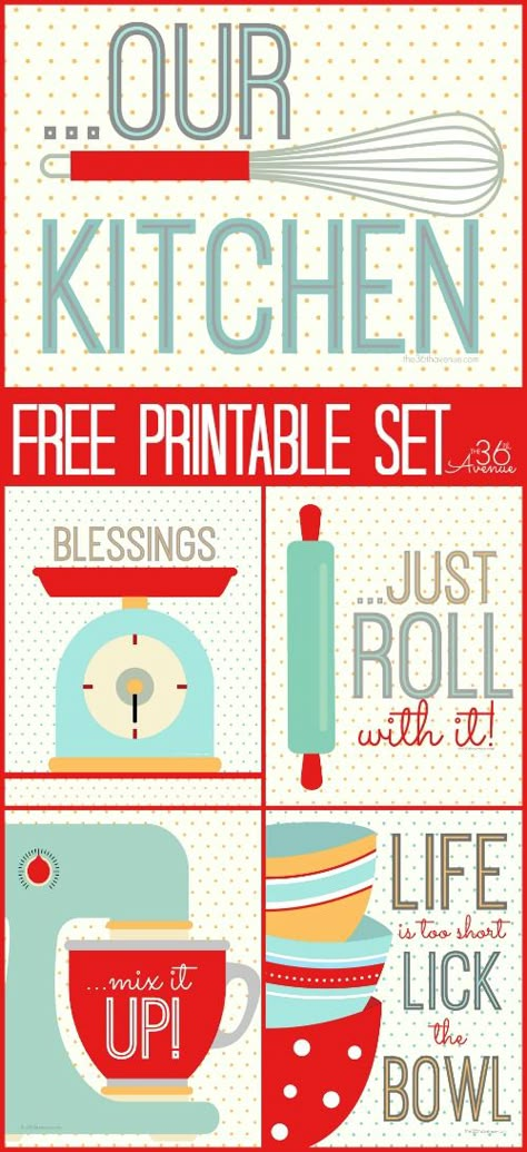 Kitchen Free Printable Set... So darn cute! the36thavenue.com Kitchen Printables Free, Kitchen Wall Art Printables, Kitchen Printables, Pretty Printables, Kitchen Set, Kitchen Sets, Free Prints, Retro Kitchen, Kitchen Art