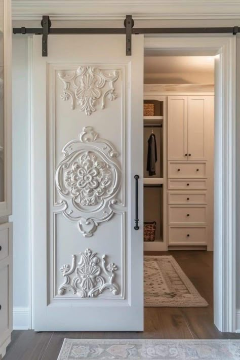 Trim Over Doors, French Country Walk In Closet, Unique Doorways Interior, Pretty Doors Interior, French Chateau Doors, Round Interior Doors, Laundry Room French Doors, Alternative To French Doors, Decorated Closet Doors