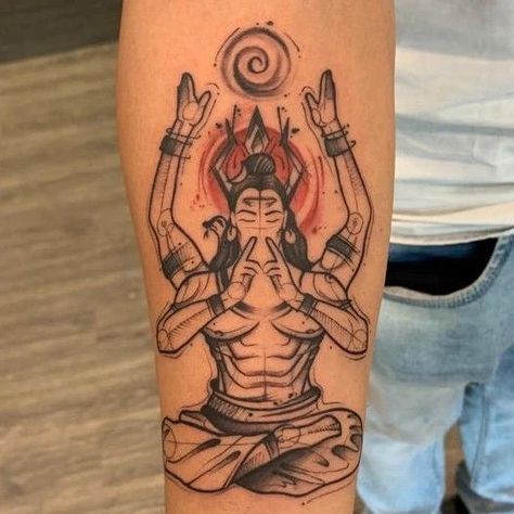 Shiva Sitting Pose, Shiva Meditation Tattoo, Hindu Mythology Tattoo, Meditation Tattoo, Meditative Pose, Shiva Meditation, Leg Sleeve Tattoos, Leg Tattoo Ideas, Mahadev Tattoo