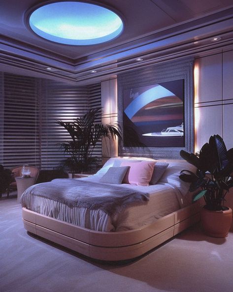 80s Bedframe, 1980s Apartment Interior, 1980s Bedroom Aesthetic, 1980 Interior Design, 80s Penthouse, Postmodern Bedroom, Crazy Aesthetic, 80s Apartment, 1980s Interior Design